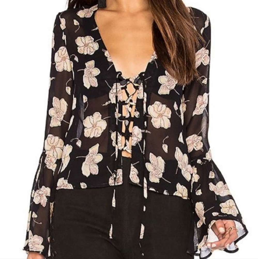 Flynn Skye Boston Top - black sheer floral lace-up blouse